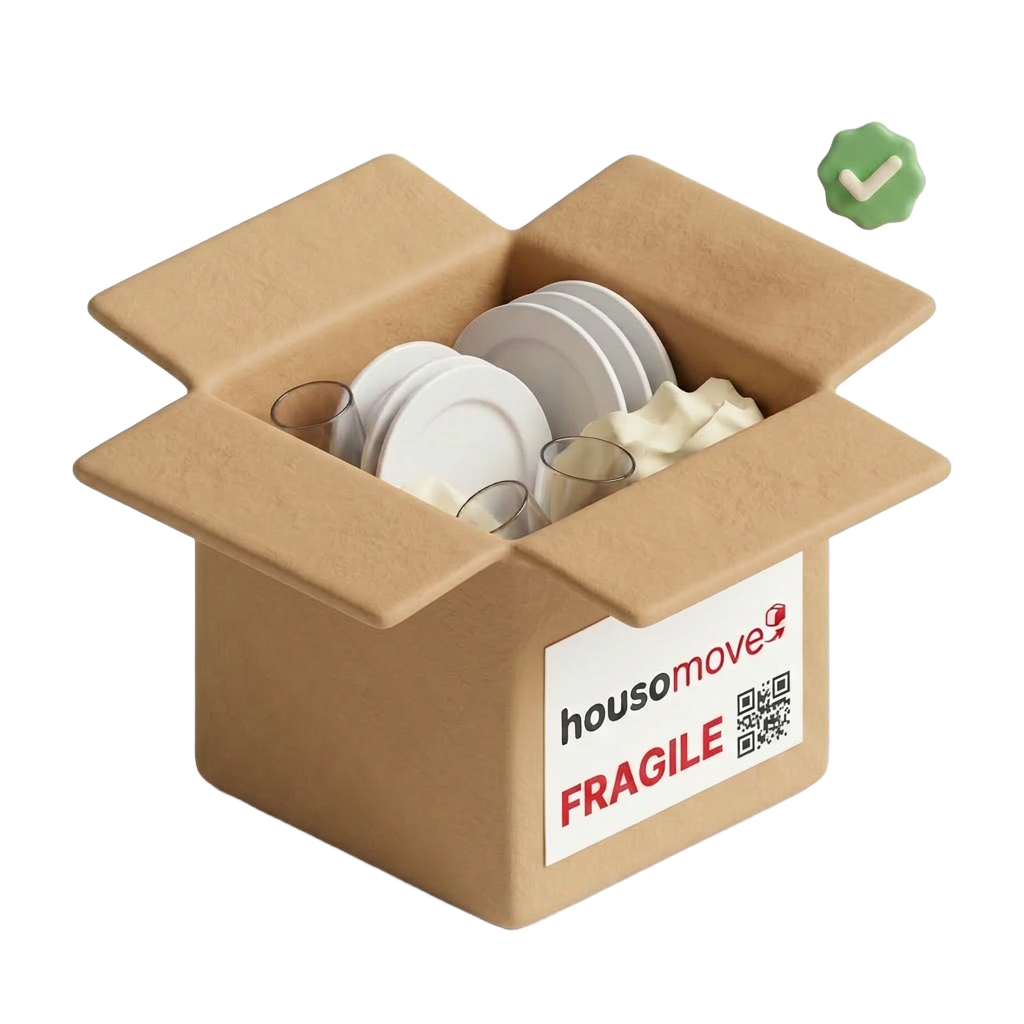 Scatolone Houso Move con etichetta QR e oggetti di casa